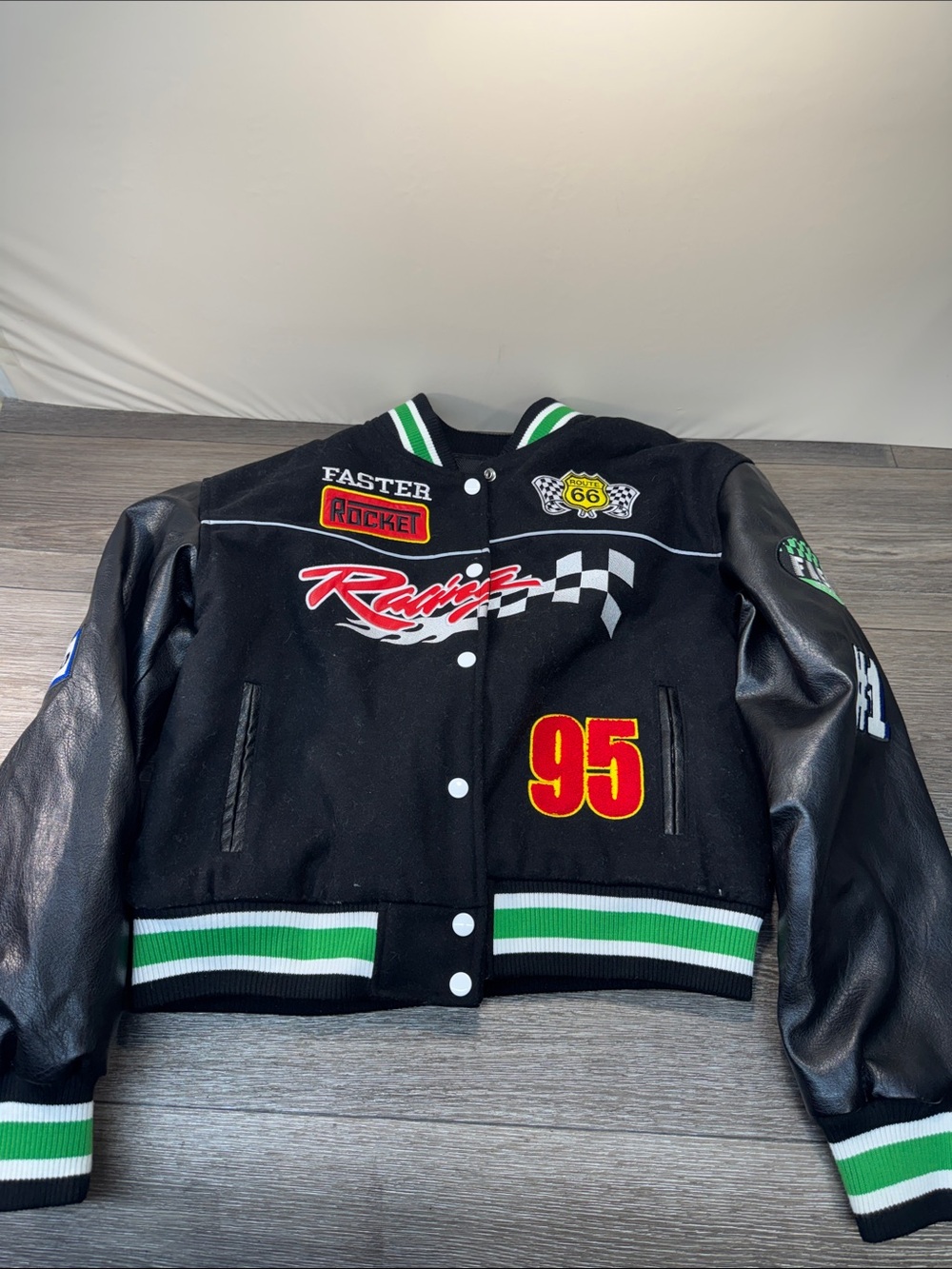 Black Racing-Style Varsity Jacket with Green Trim
